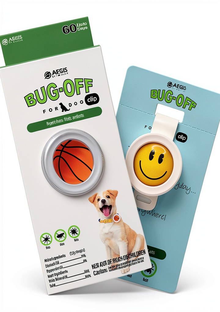 KN FLAX bug-off clip attached to a dog collar in an outdoor setting