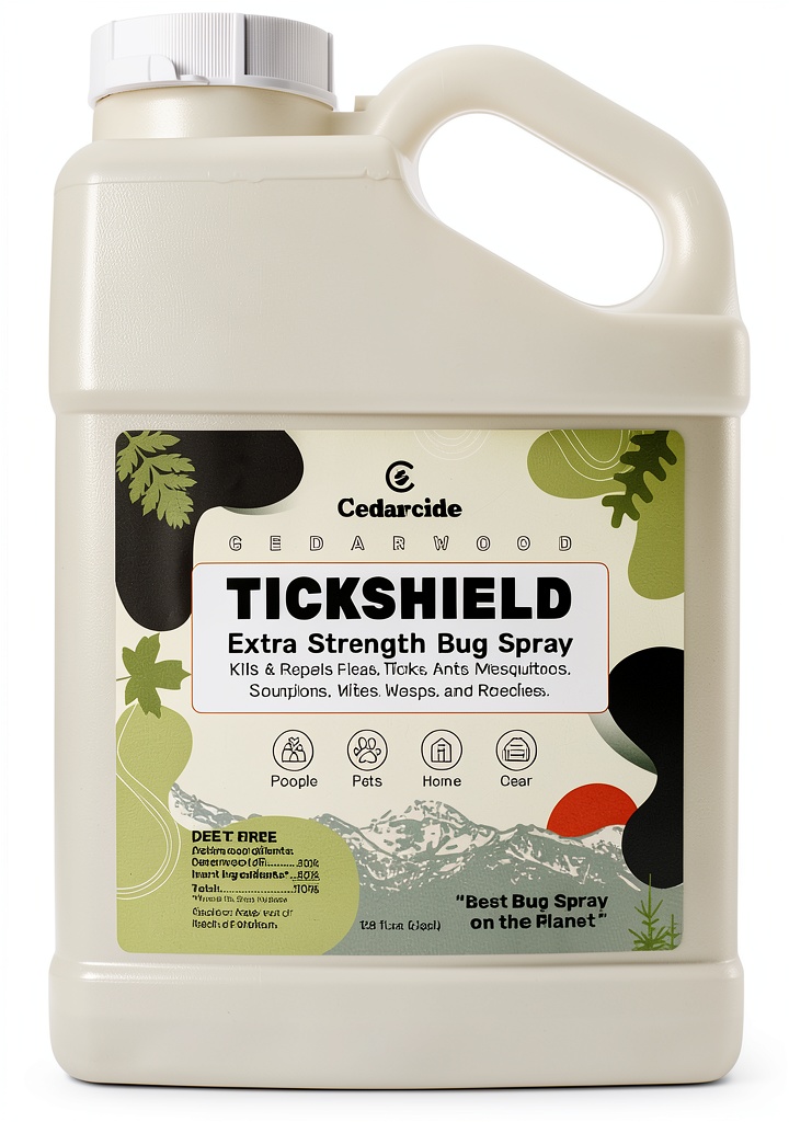 Cedarcide Tickshield cedar oil spray bottle being applied to a child's arm and a dog’s coat during a backyard picnic