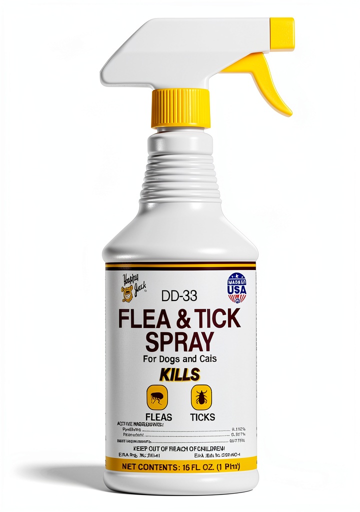 Installing Happy Jack Flea Tick Spray Kills Prevents Safe Dogs Cats on a wooden desk