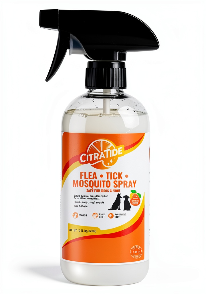 Applying OEM Flea Spray Plant Based Safe for Dogs and Large Animals on a Labrador’s coat in a backyard