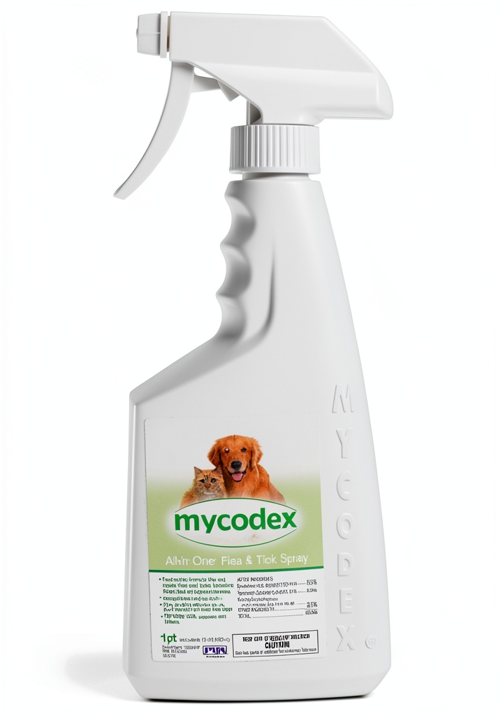Dog being sprayed with Supply-Shop flea spray in a backyard